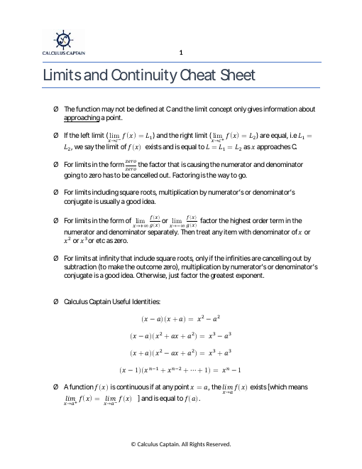 Preview of the Limits and Continuity cheat sheet